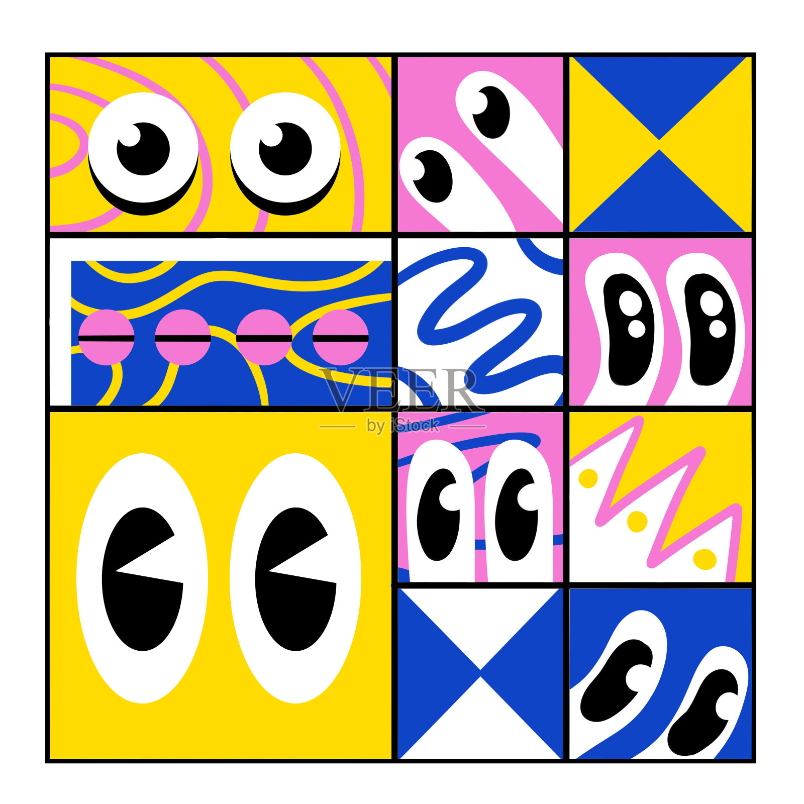 现代漫画卡通几何形状。80年代90年代风格的方形马赛克纹理插画图片素材