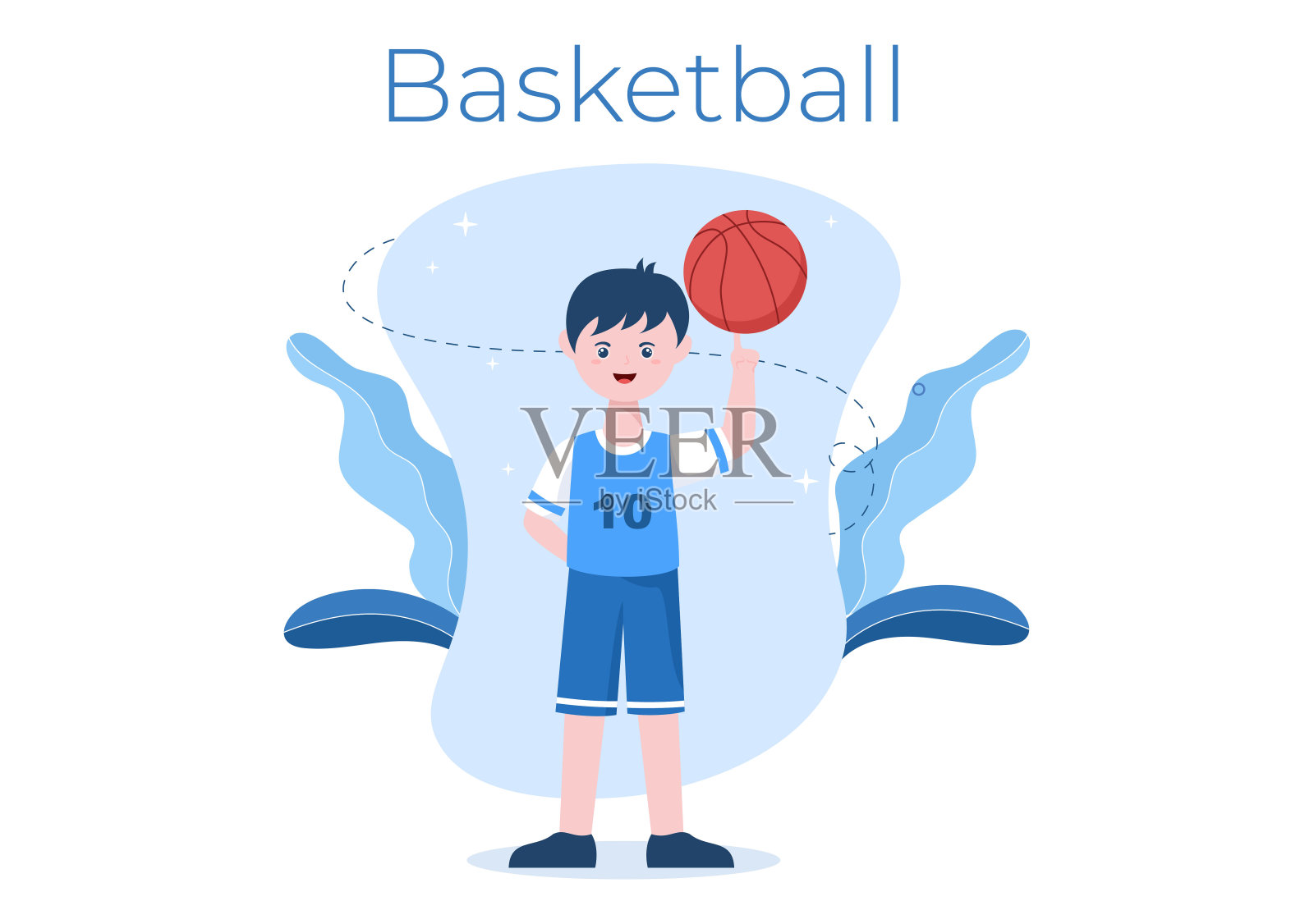 快乐的年轻人打篮球平设计插图穿着篮子制服在室外球场作为背景，海报或横幅插画图片素材