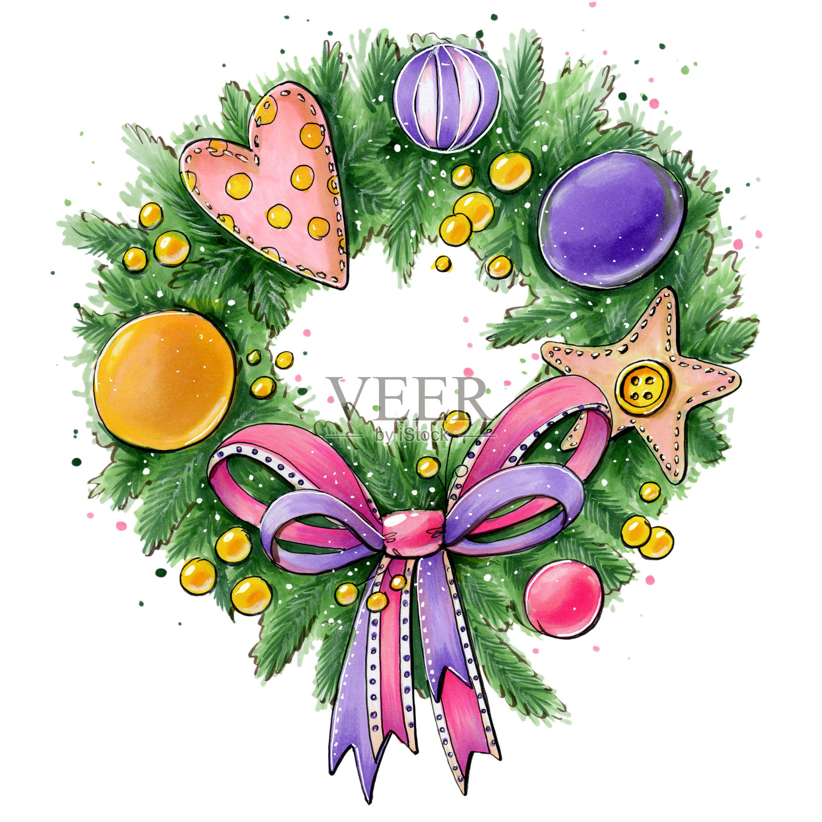 手绘插图素描与标记植物圣诞节圣诞节装饰装饰花圈与云杉树枝和彩色玩具在一个大蝴蝶结方形格式在白色背景特写设计元素图片