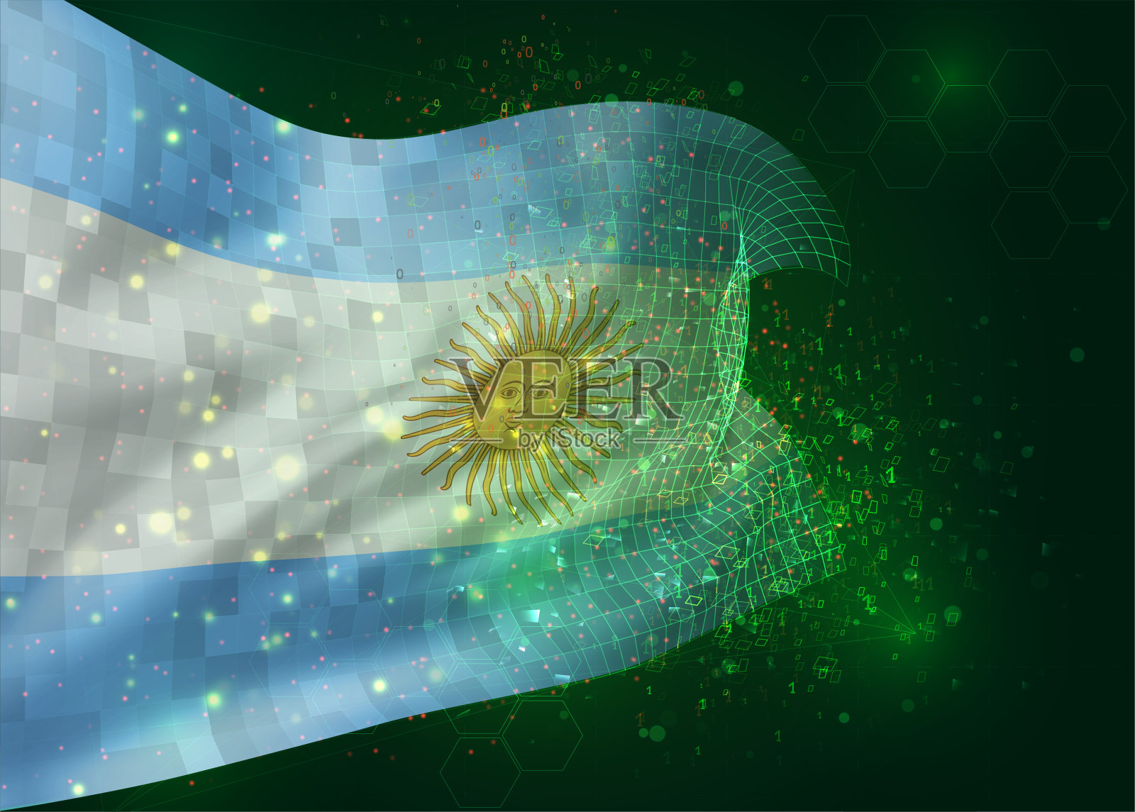 在绿色背景上的三维旗帜与多边形和数据数字插画图片素材