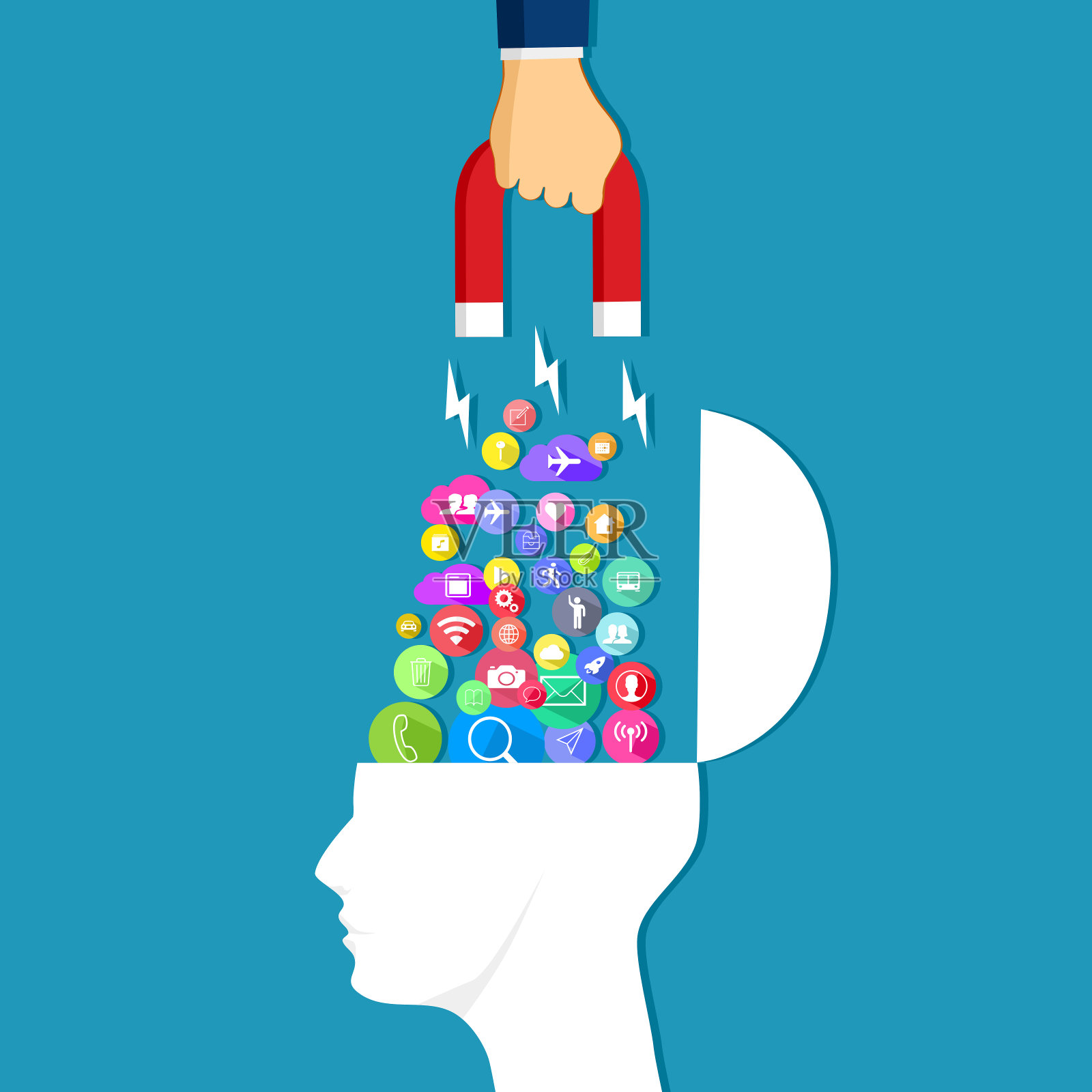 磁铁在人脑中吸引信息。信息检索的概念插画图片素材