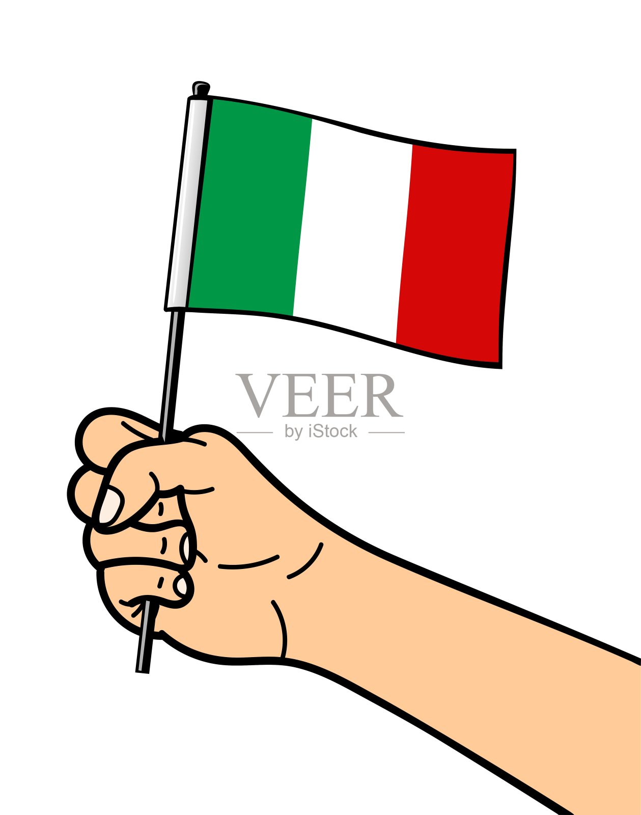 意大利国旗的国家象征，孤立在白色背景上。手里拿着国旗。矢量图插画图片素材