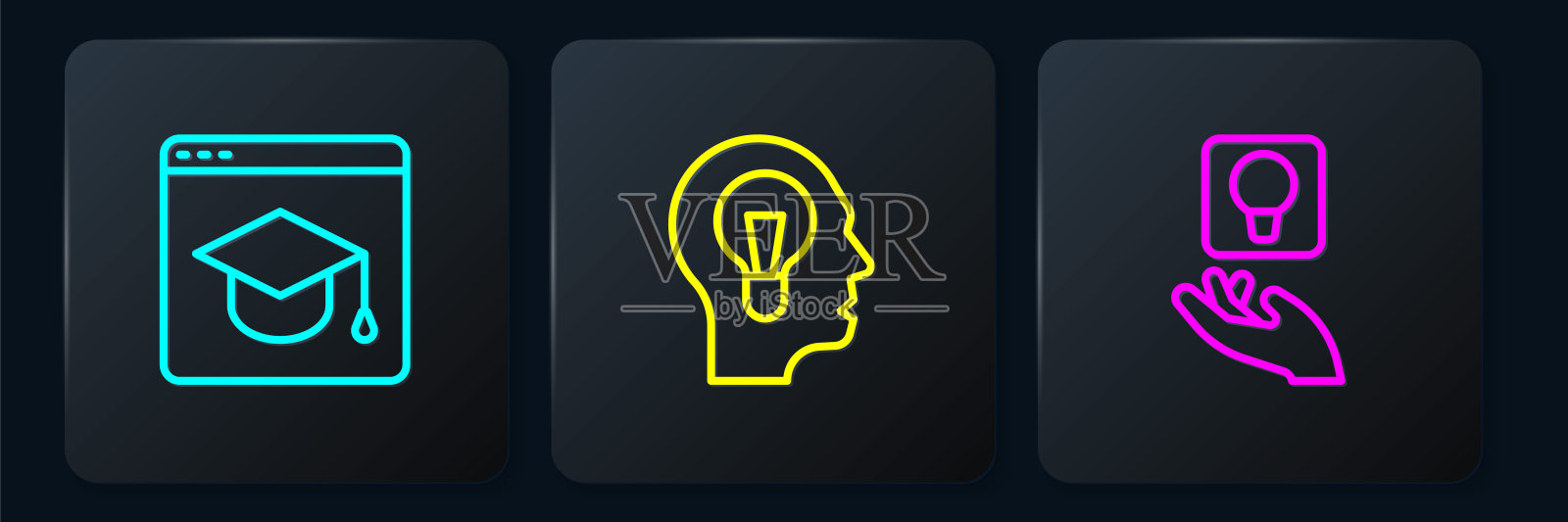 集线上教育、电灯泡、人与灯。黑色方形按钮。向量插画图片素材