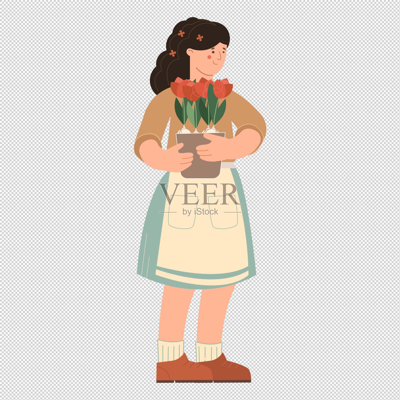 女孩抱着鲜花盆栽设计元素图片