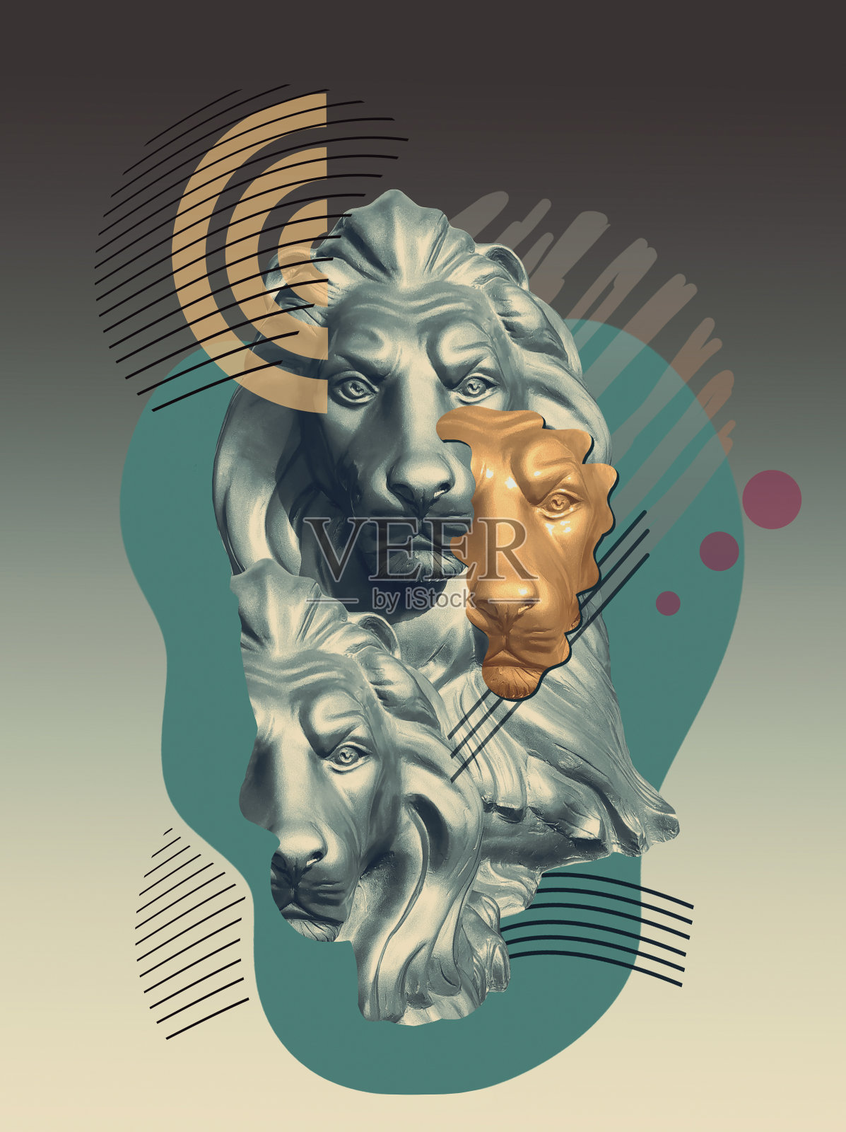 与狮子的拼贴在一个流行艺术风格。现代创意概念形象与古代雕塑。插画图片素材