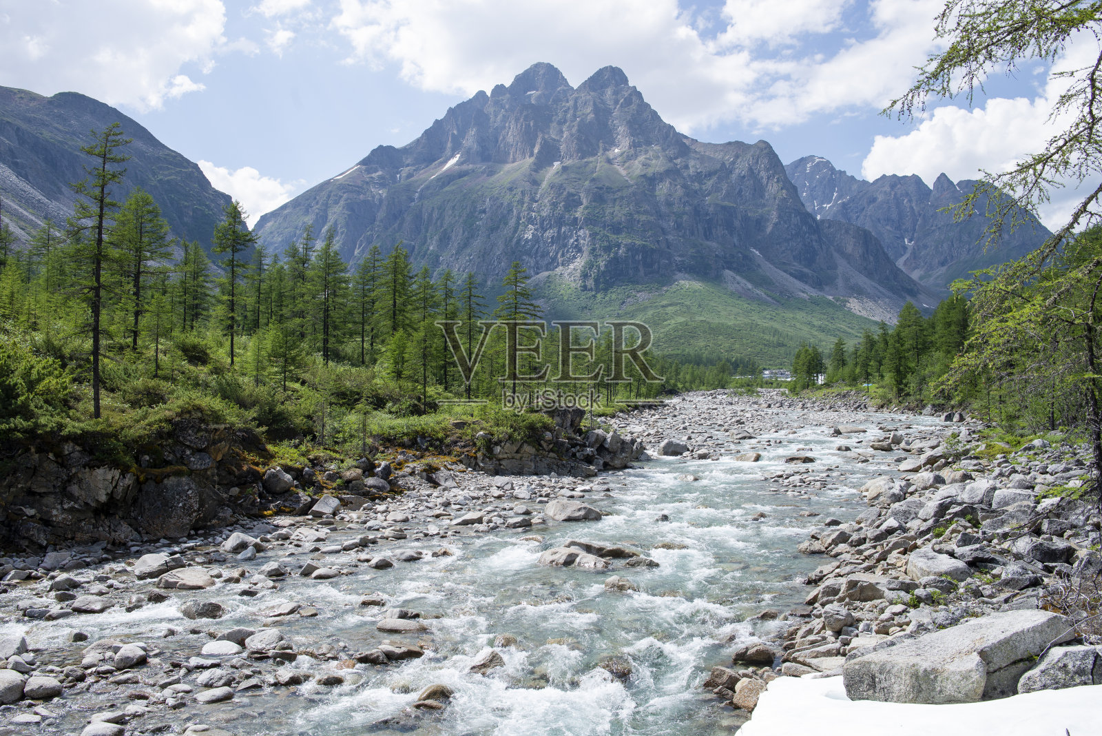 美丽的中Sakukan河山谷映衬着科达山脉。贝加尔湖地区，科达尔国家公园。照片摄影图片