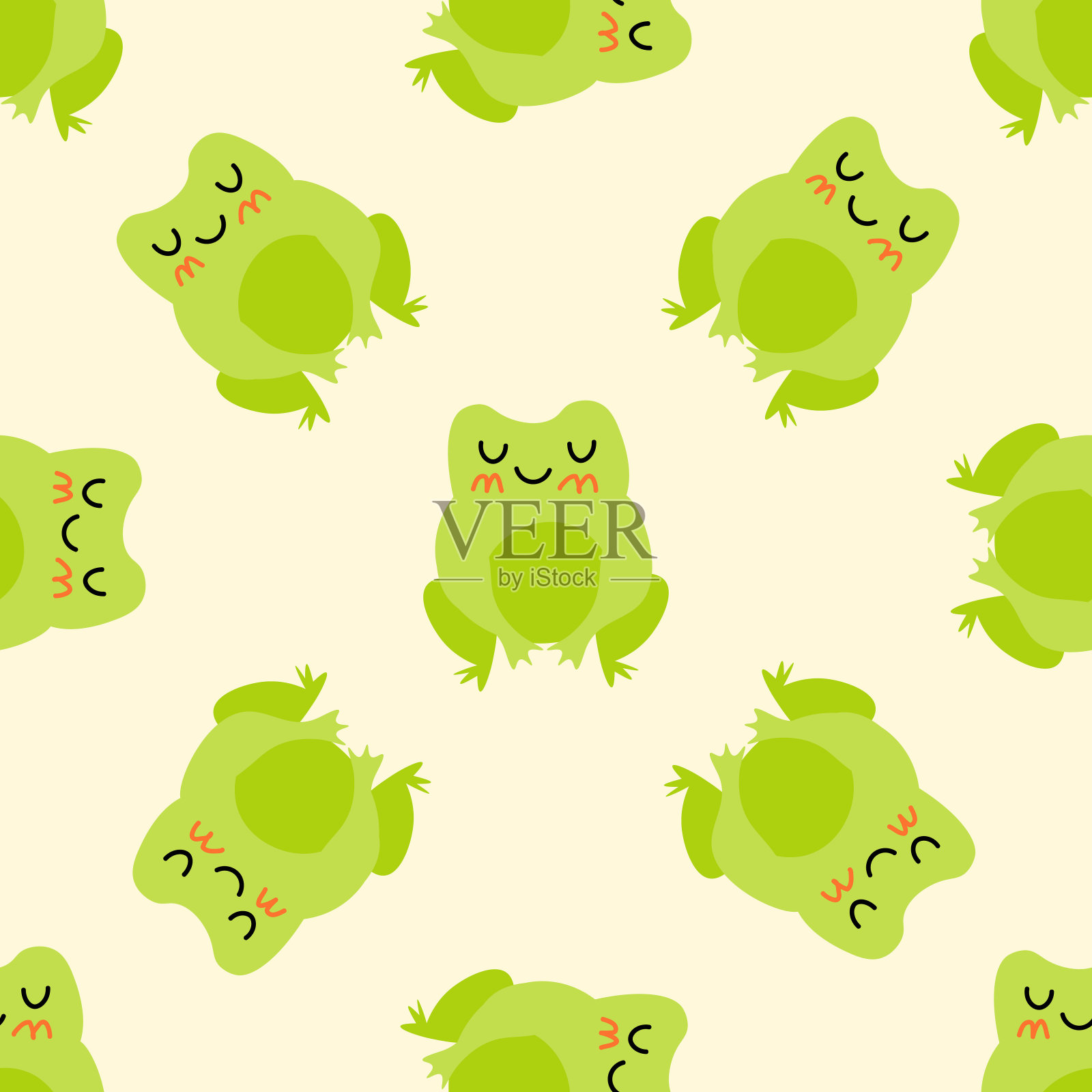 可爱的微笑青蛙粉红色的脸颊。迷恋绿蟾蜍。矢量动物人物无缝图案的两栖蟾蜍画。儿童设计的婴儿衣服，床上用品，纺织品，印刷品，壁纸。插画图片素材