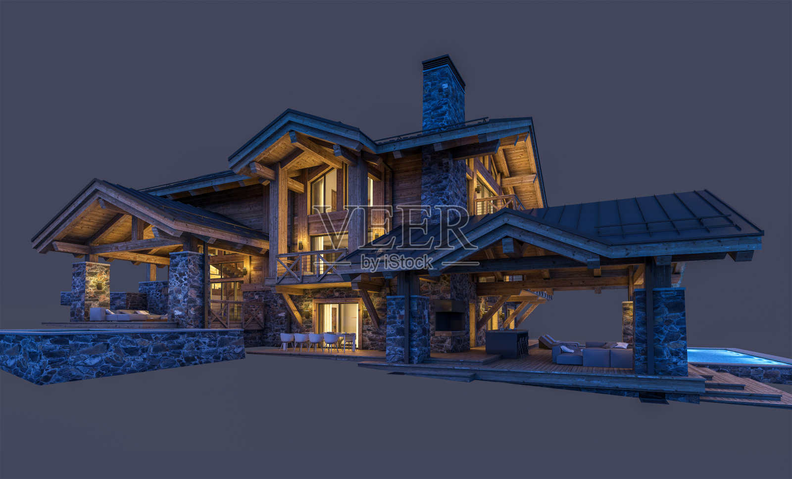 黑色背景上的现代舒适小木屋照片摄影图片