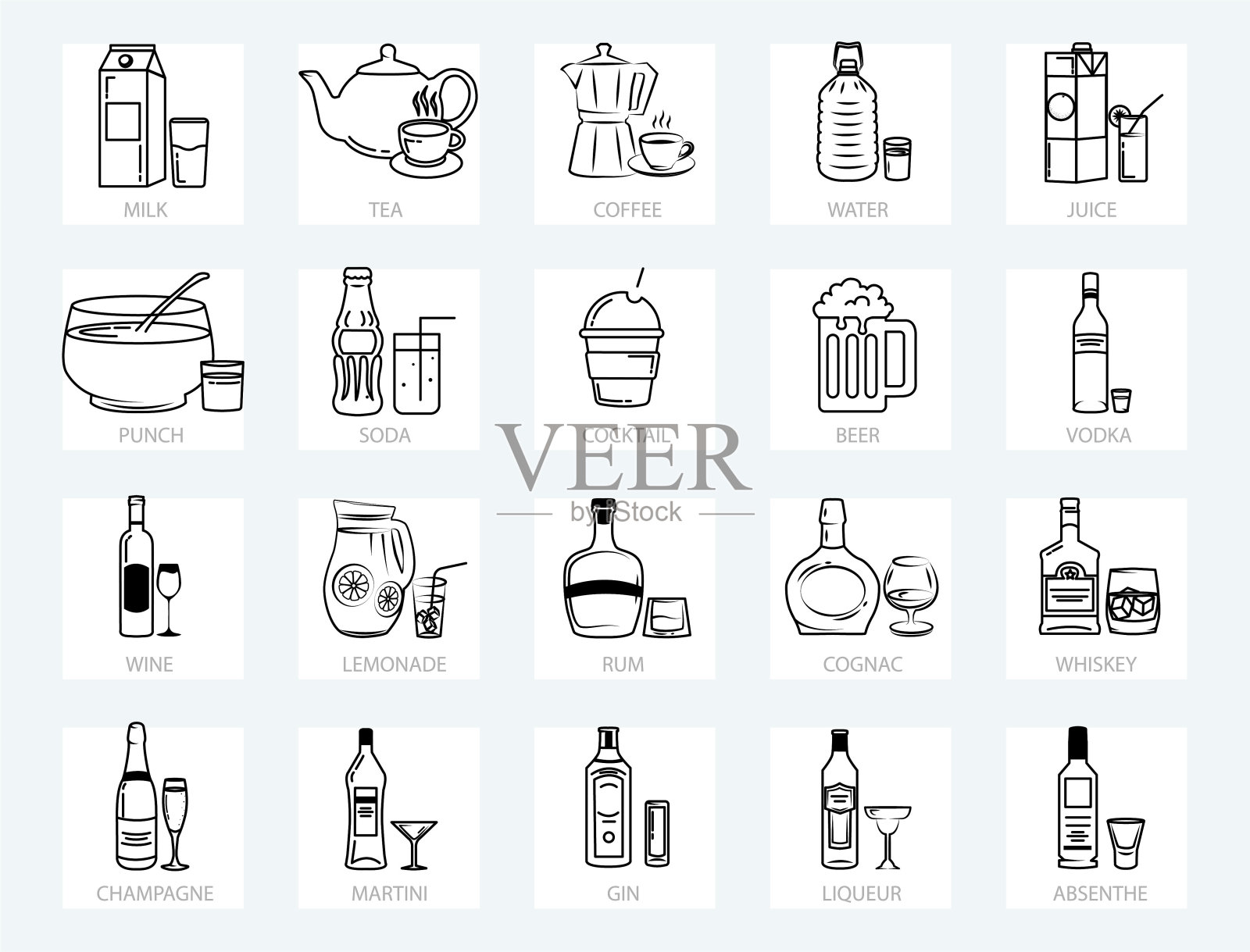 饮料网页图标设置-细线。Outline Icon Collection简单的矢量图标，包括果汁、茶、咖啡、鸡尾酒、酒精、杜松子酒、马提尼、威士忌等。图标素材