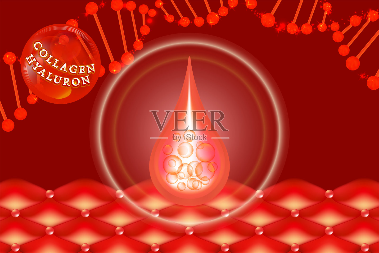 透明质酸皮肤溶液广告，红色胶原蛋白血清滴与化妆品广告背景准备使用插画图片素材