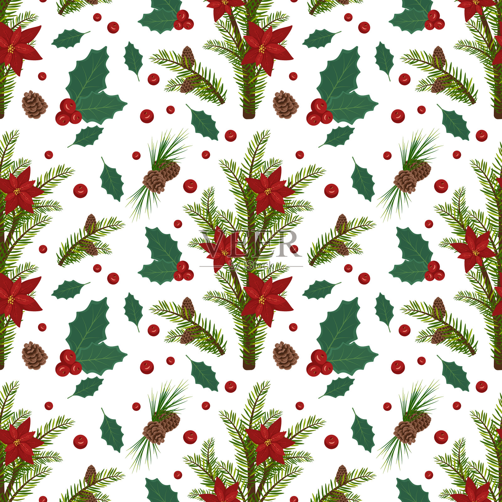 无缝图案与圣诞冷杉或松树枝与棕色的球果和红色的一品红花插画图片素材