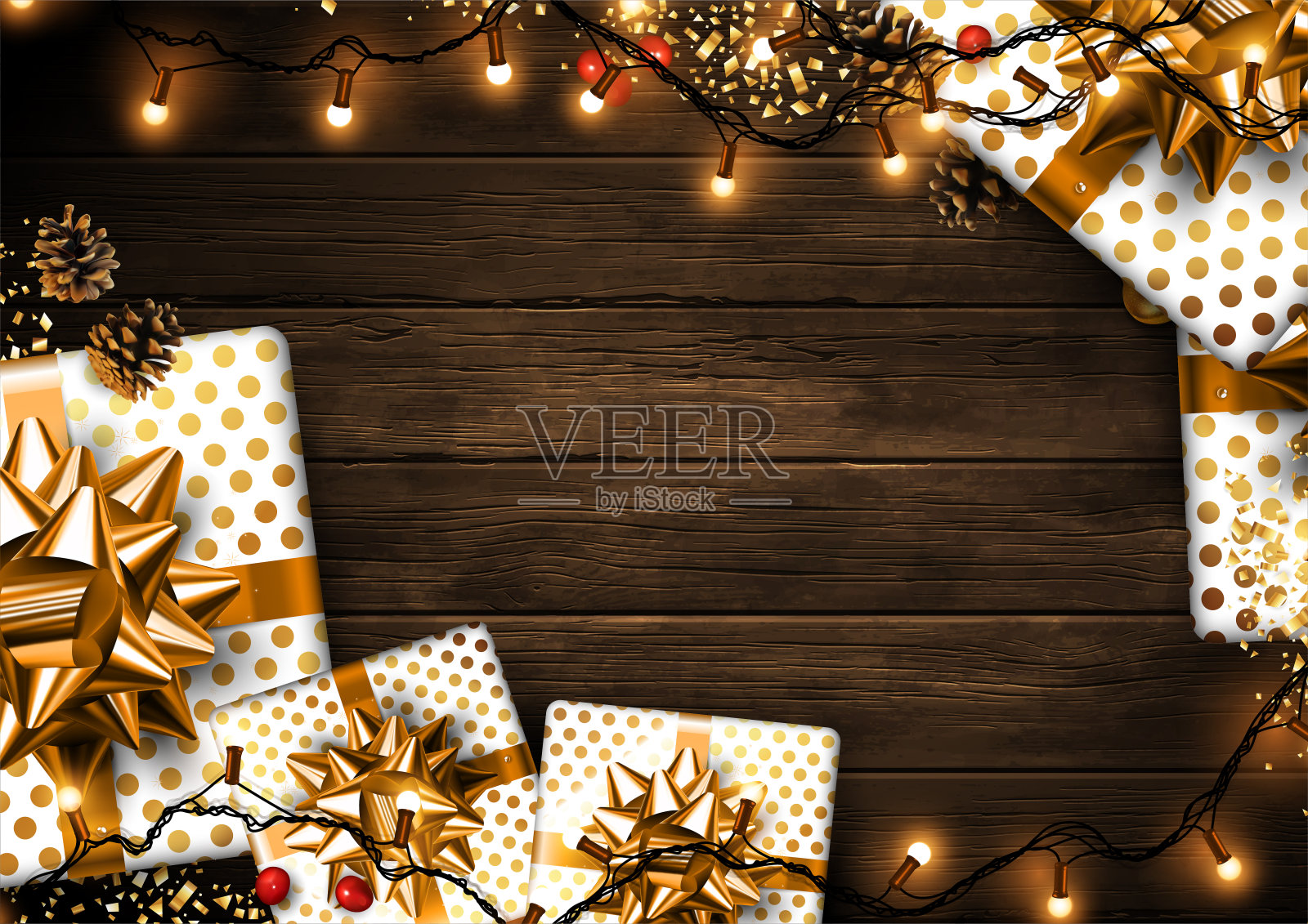 圣诞快乐，新年快乐!木制的背景用礼物和花环装饰。非常现实的例子插画图片素材