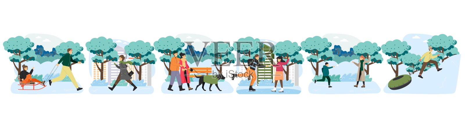 户外冬季活动向量集。在城市公园里打雪仗，滑雪，打雪仗，溜冰，遛狗。冬天的乐趣插画图片素材