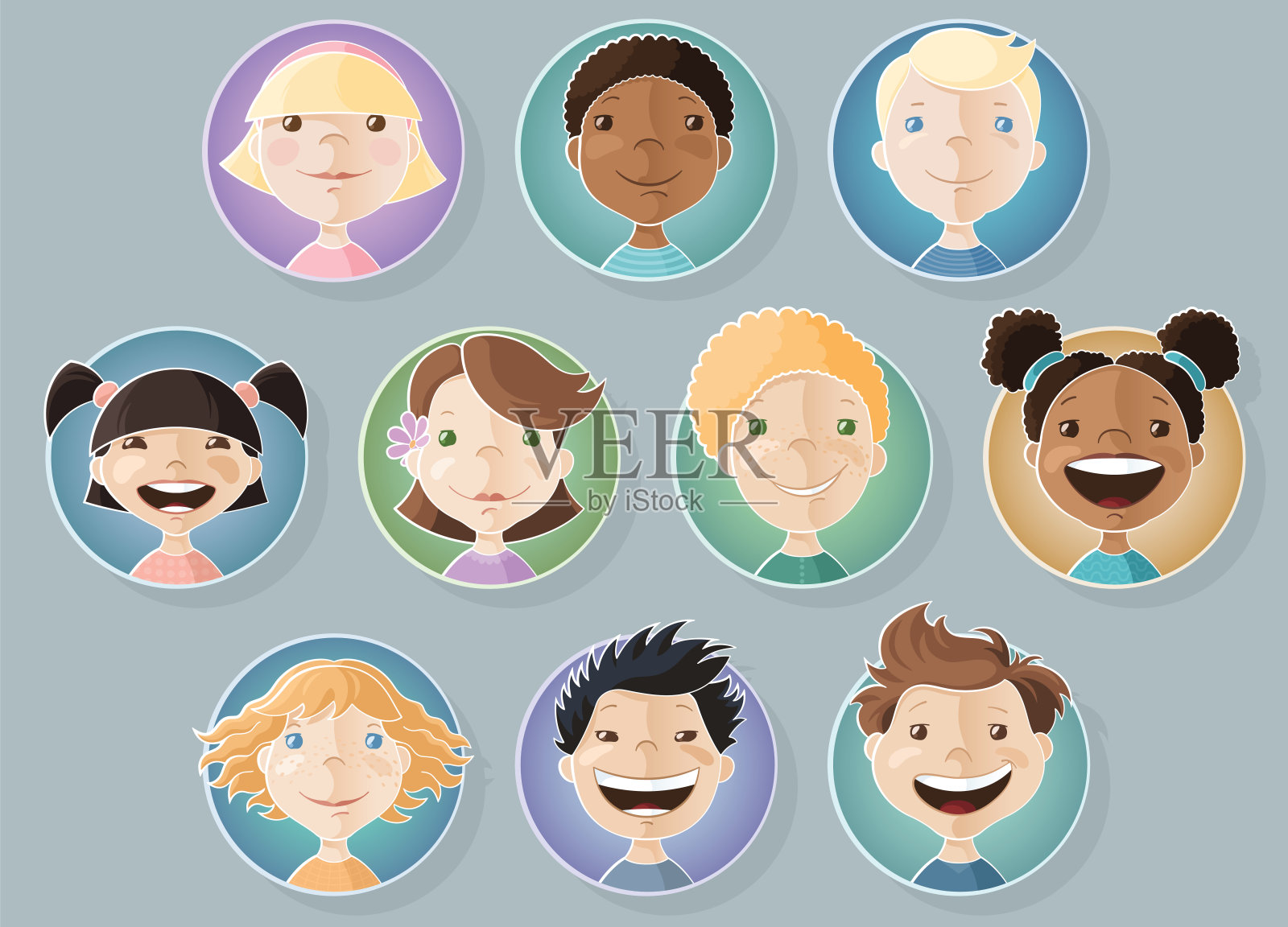 一组不同的孩子的脸。微笑的男孩女孩们。插画图片素材