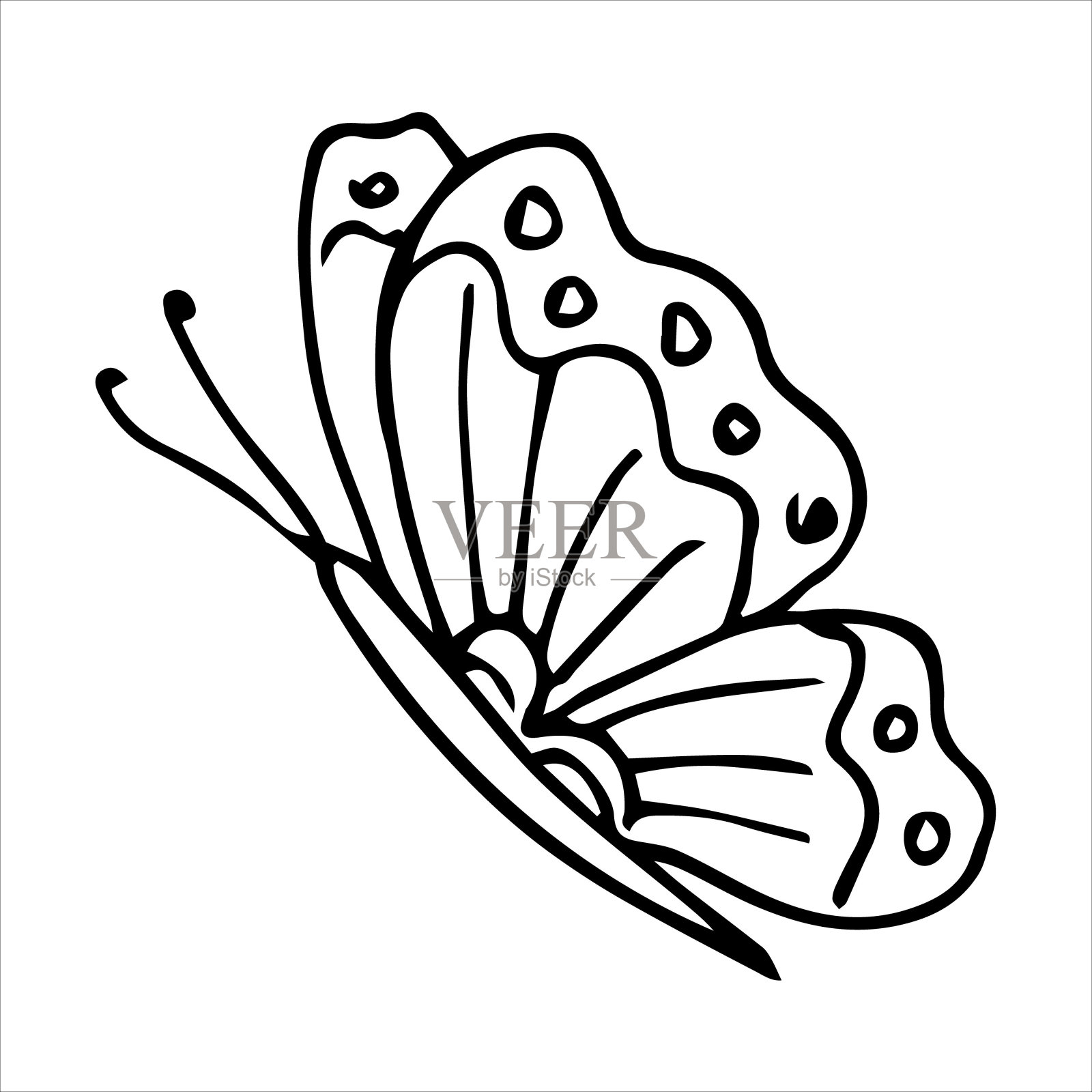 手绘蝴蝶涂鸦元素用于上色，邀请函，明信片。黑白矢量图像插画图片素材