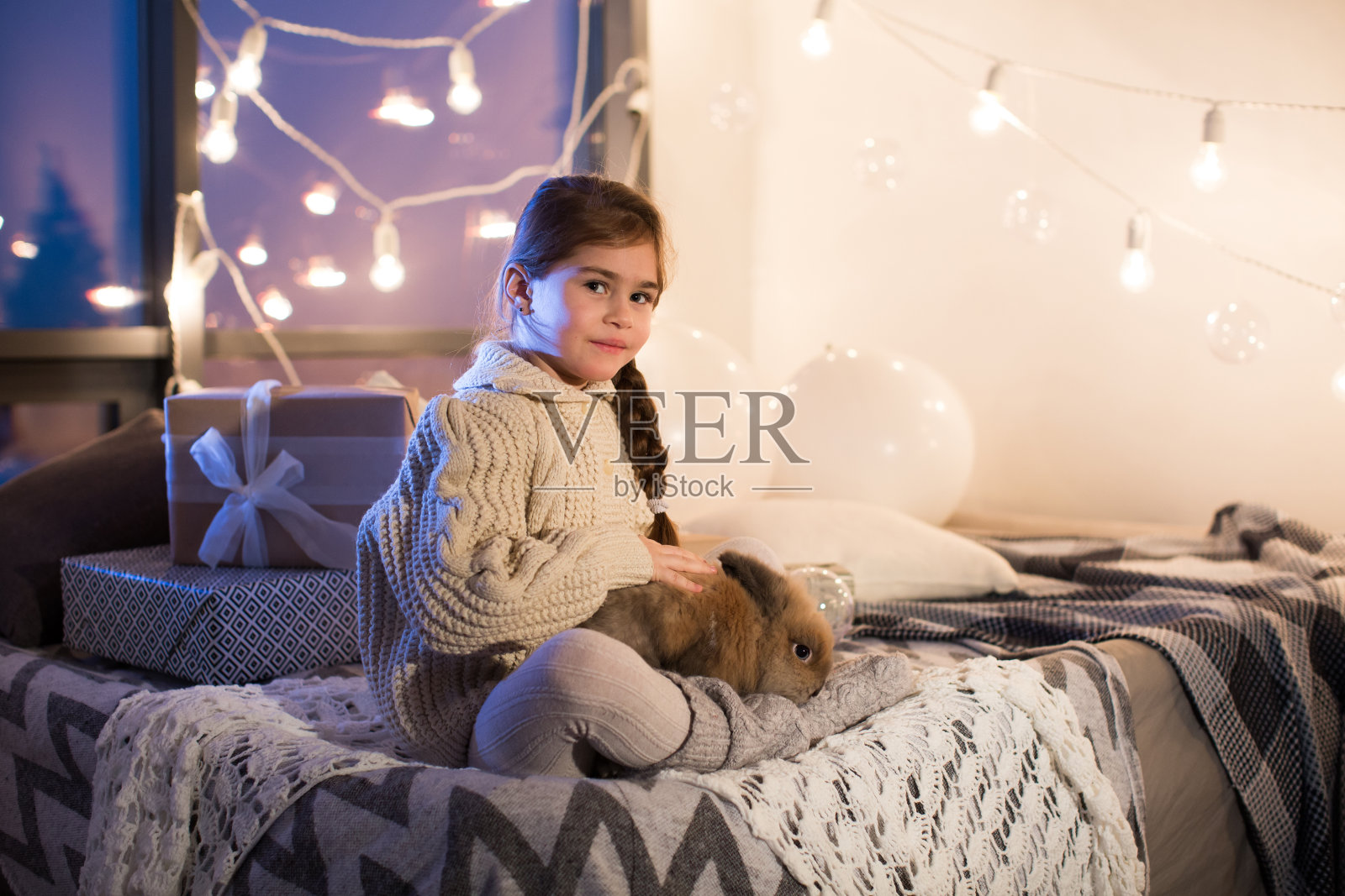 非常漂亮和迷人的黑头发小女孩穿着白色毛衣抱着一只活兔子在房子的内部。新年。圣诞节。野兔。工作室。“r”n照片摄影图片
