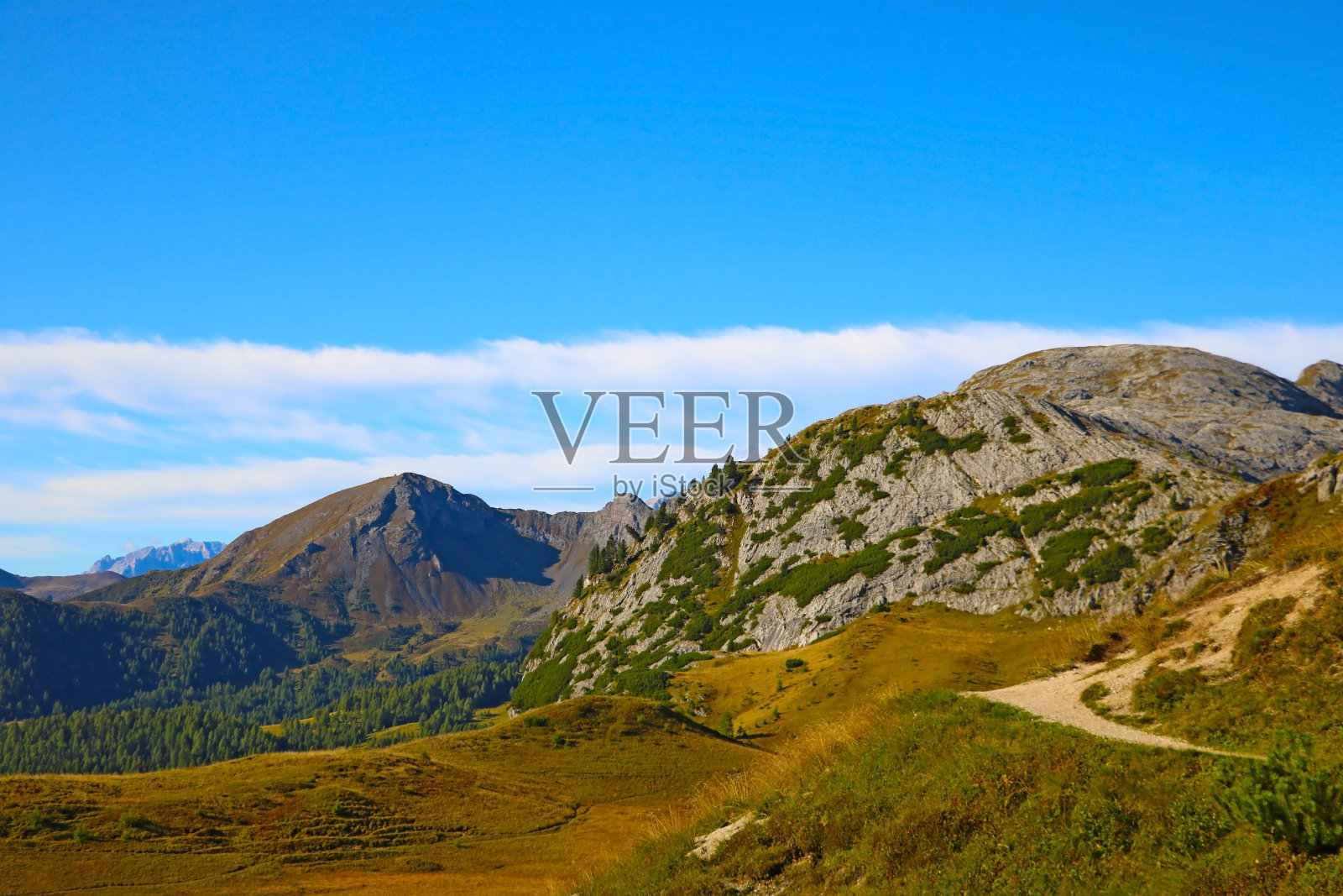 美丽的夏季景观，神奇的高山隘口和高山，白云石，意大利，欧洲。照片摄影图片