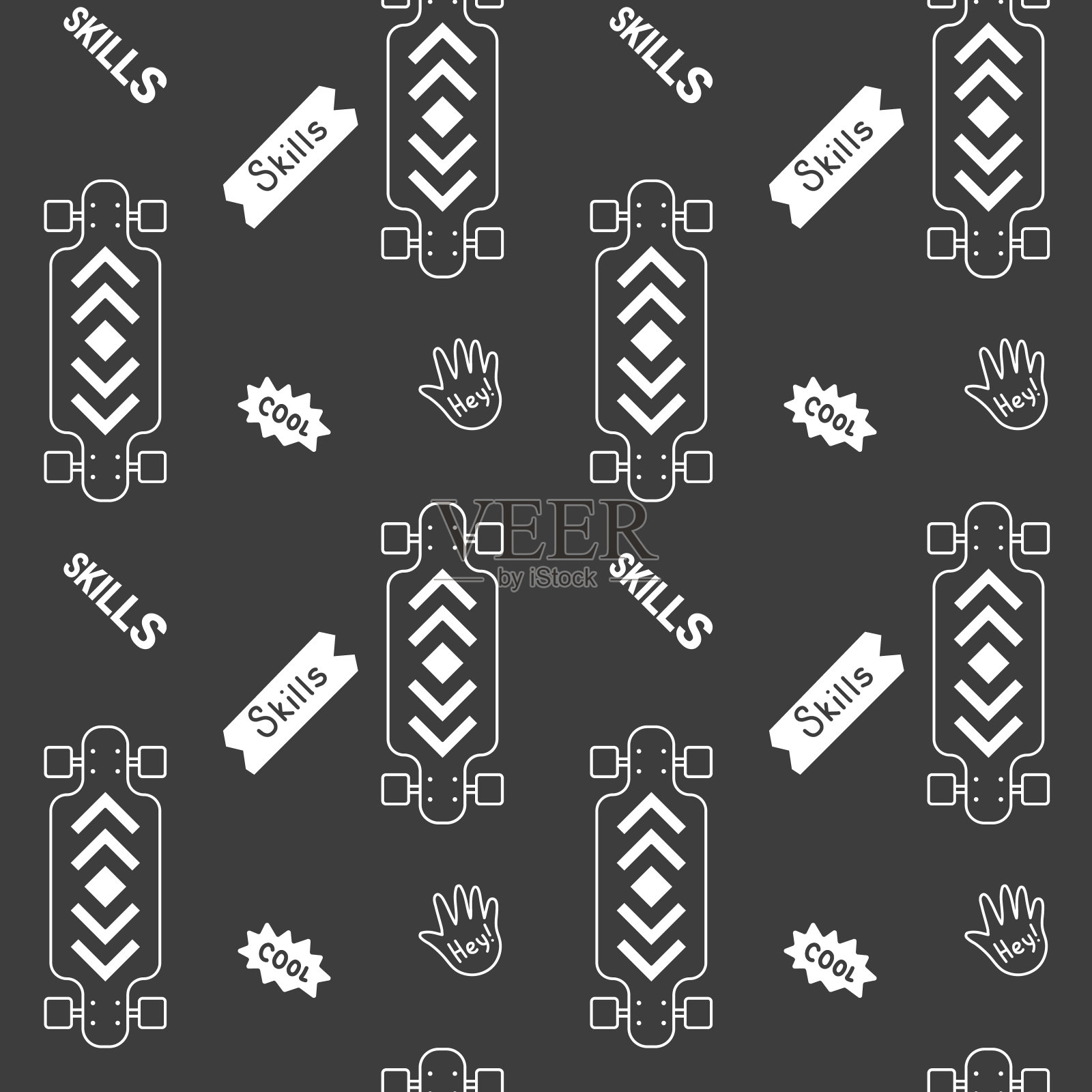 矢量插图纹理板在深色背景和引用。滑板无缝图案与卡通滑板。平面线条艺术风格设计与滑板插画图片素材