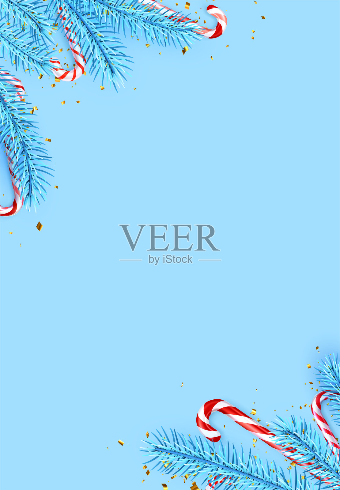 条纹糖果手杖与蓝色的冷杉树枝边界。插画图片素材