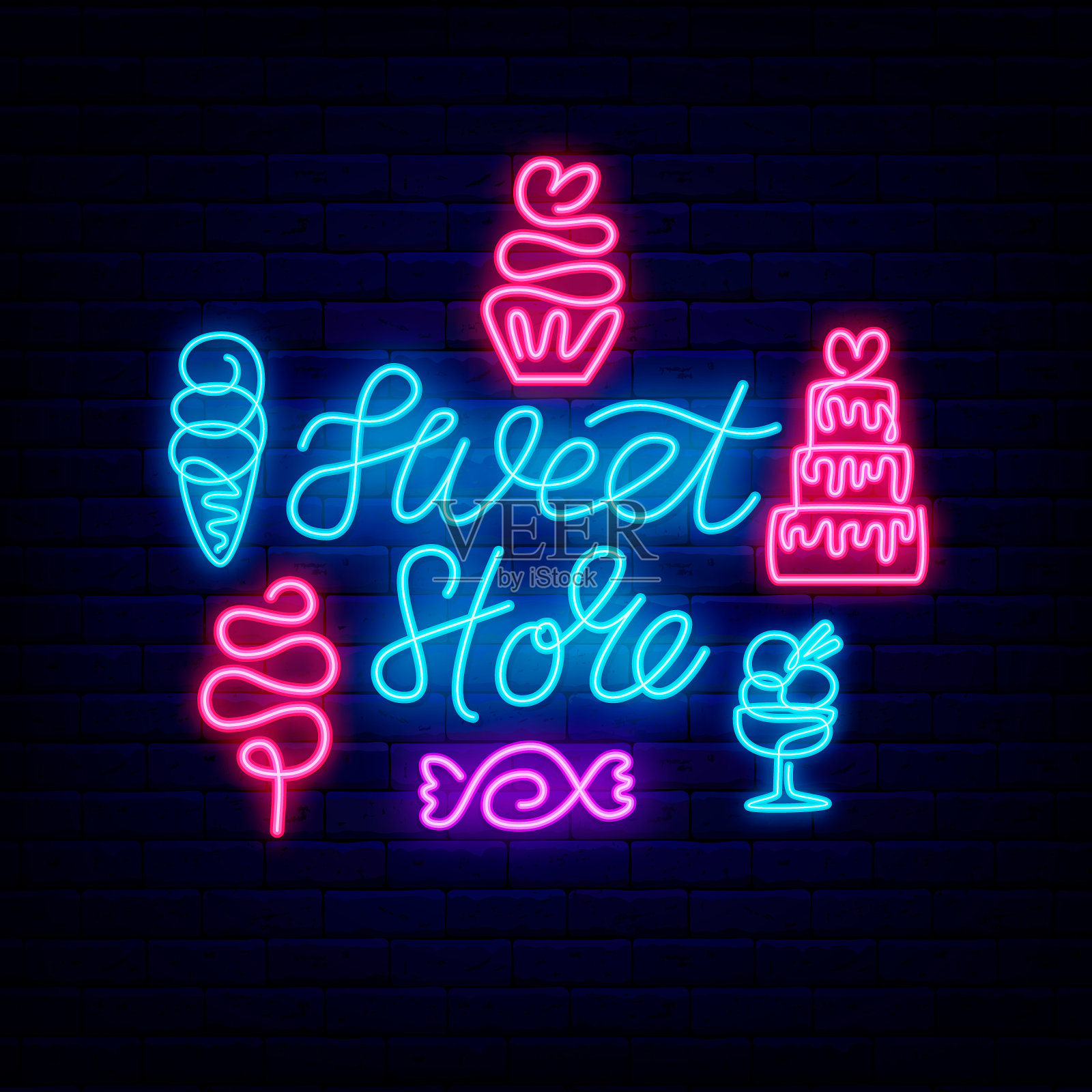 糖果店霓虹字招牌与图标。一条线画着糖果。冰淇淋。婚礼蛋糕。矢量图插画图片素材