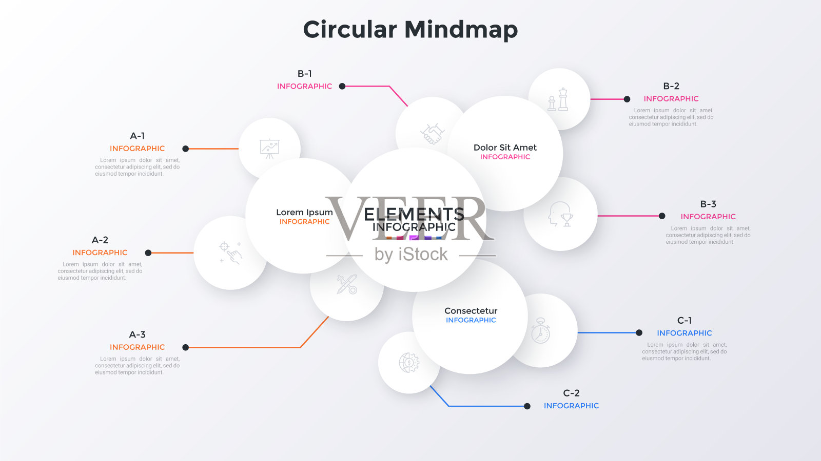 思维导图上面有白色的圆泡泡。可视化概念的创业公司的特点。现代信息图设计模板。用于业务分析的简单矢量图。设计模板素材
