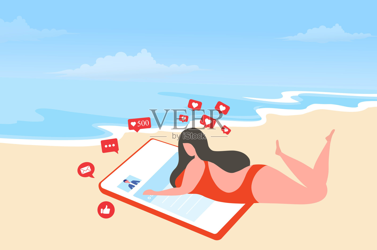 红色比基尼女人躺在智能手机和聊天的海滩背景矢量插图。社交媒体成瘾概念插画图片素材
