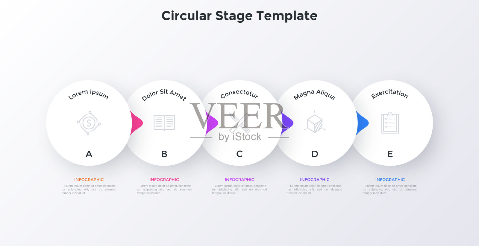 有五个覆盖纸白色元素的流程图，指针放置在水平行。商业战略的5个阶段概念。简单的信息图设计模板。现代向量插图。插画图片素材