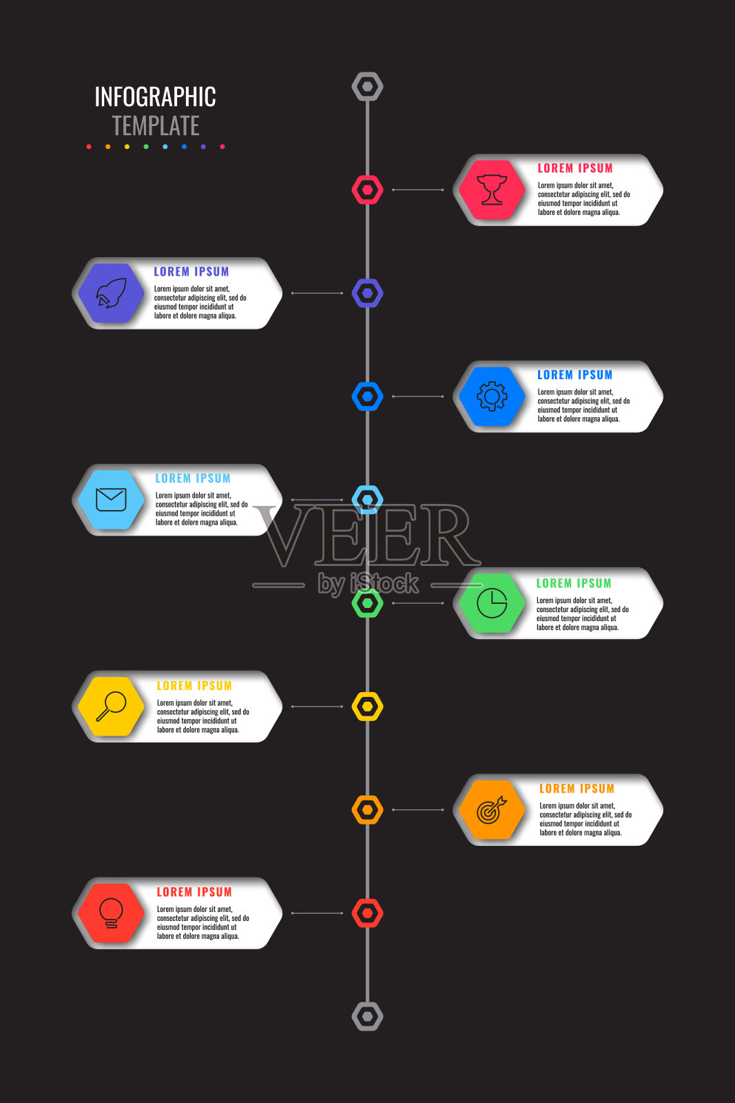 垂直时间线模板八个现实的六角形元素与细线图标在黑色背景。纸上有几何孔的现代图表。面向演示的矢量可视化插画图片素材