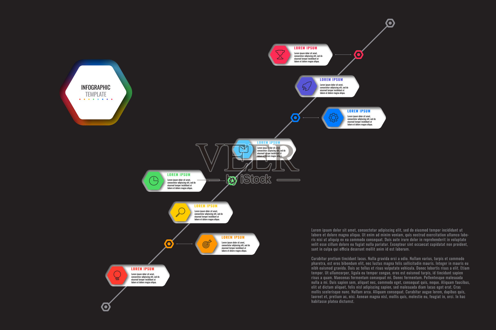 对角线时间模板与八个现实的六角形元素与细线图标在黑色背景。纸上有几何孔的现代图表。面向演示的矢量可视化设计模板素材