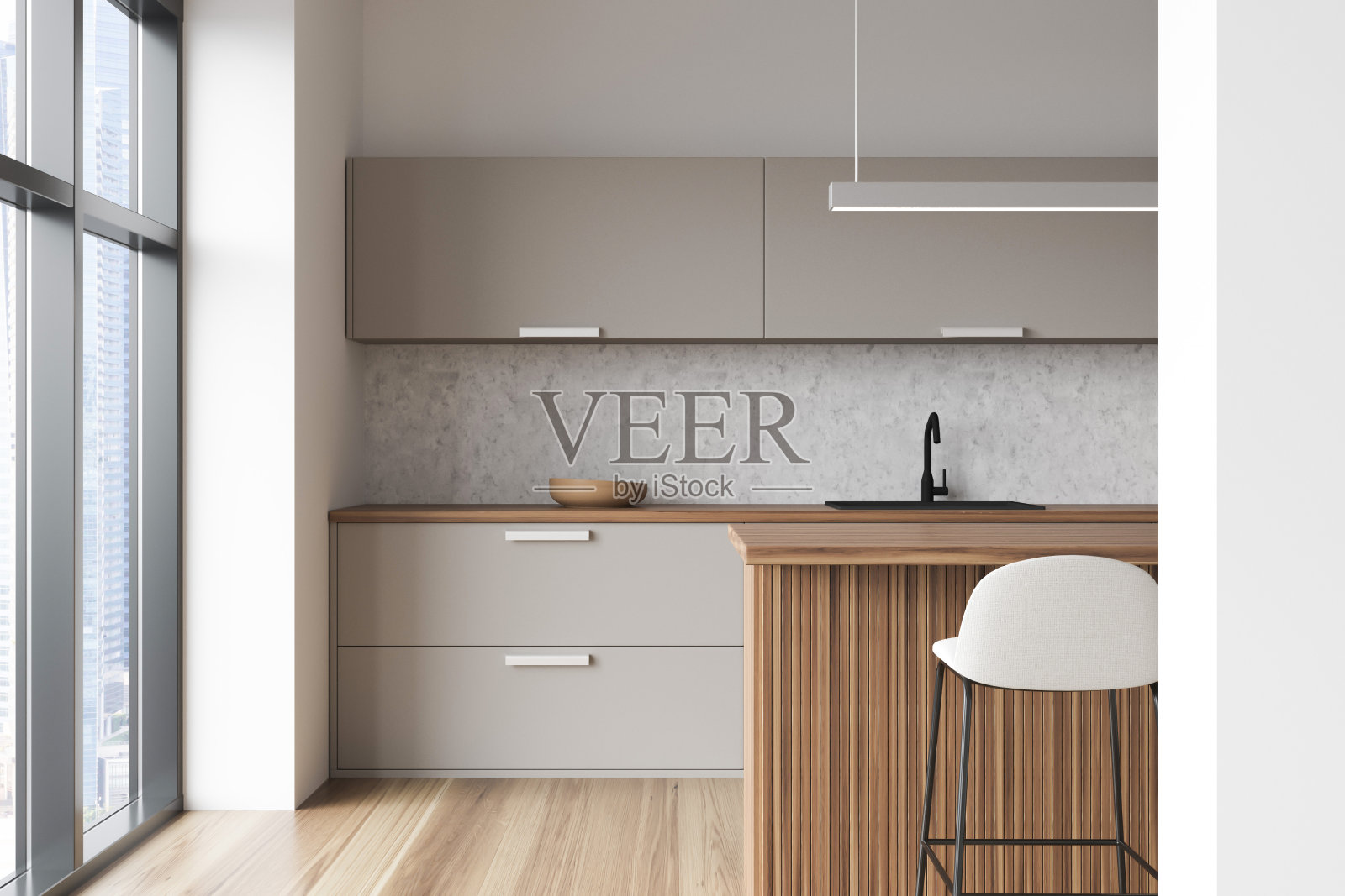 明亮的厨房内部设置有桌子和座位，架子和窗户照片摄影图片