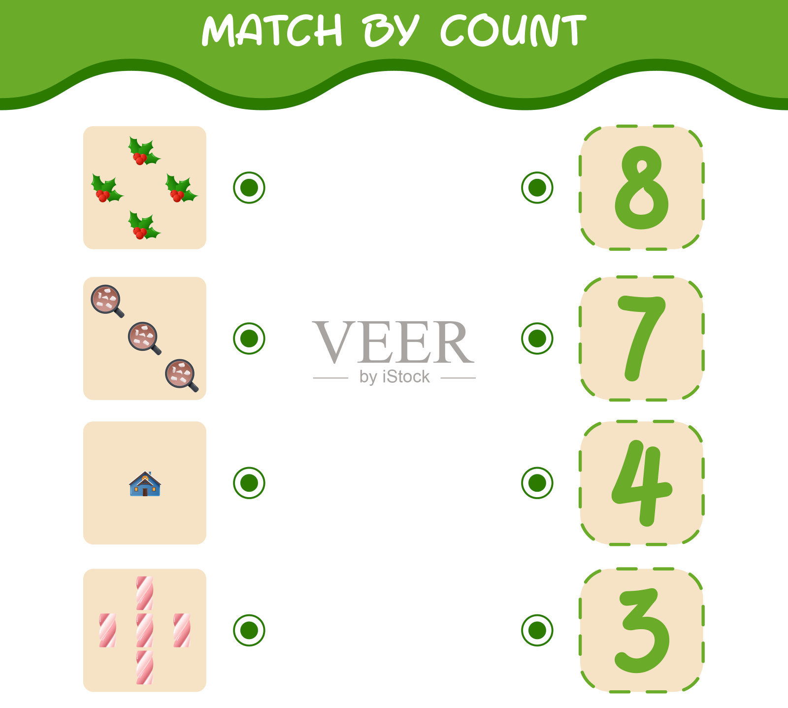 匹配计数的卡通圣诞节。。比赛和计数游戏。学龄前儿童和学步儿童的教育游戏插画图片素材