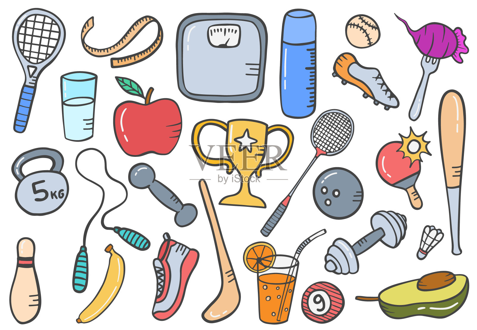健康生活方式涂鸦手绘集合与平面轮廓风格插画图片素材