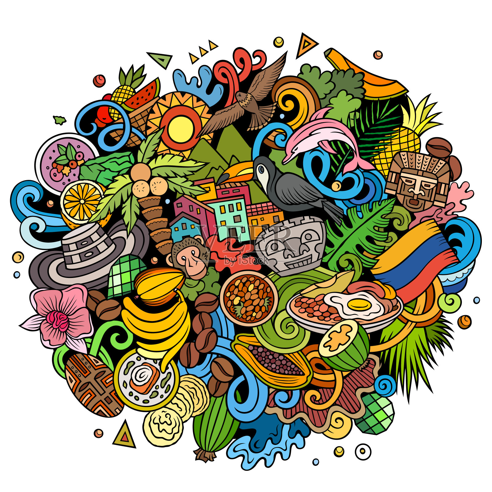 哥伦比亚手绘卡通涂鸦插图。插画图片素材