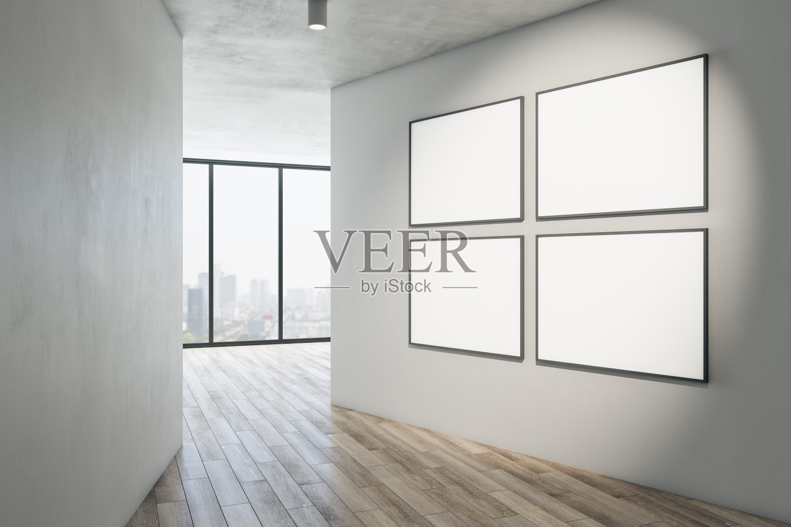 现代画廊室内与模拟旗帜在白色混凝土墙，木地板和窗户与城市的观点。博物馆或公寓的概念。3 d渲染。照片摄影图片