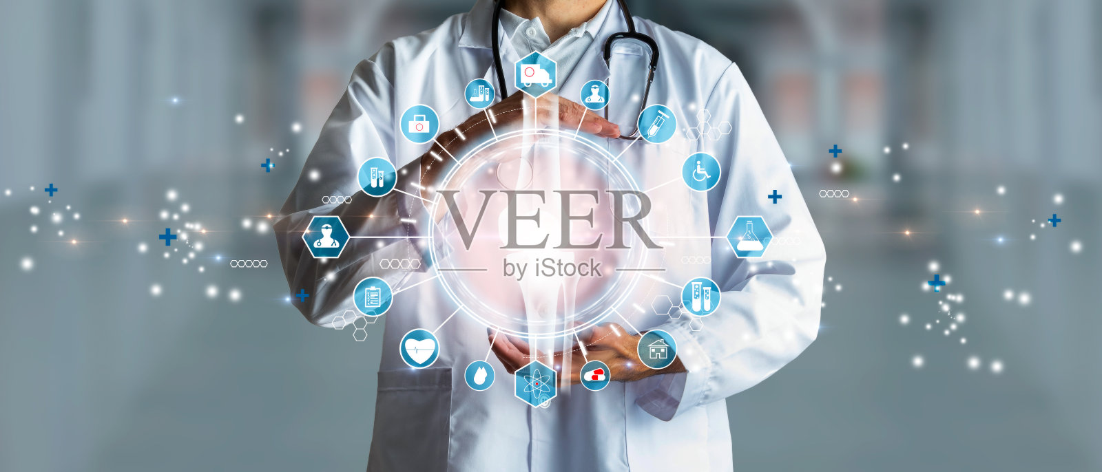 医生摸着疼痛的膝盖。关节疼痛和肌腱炎症的健康。健康的概念。渲染3 d照片摄影图片