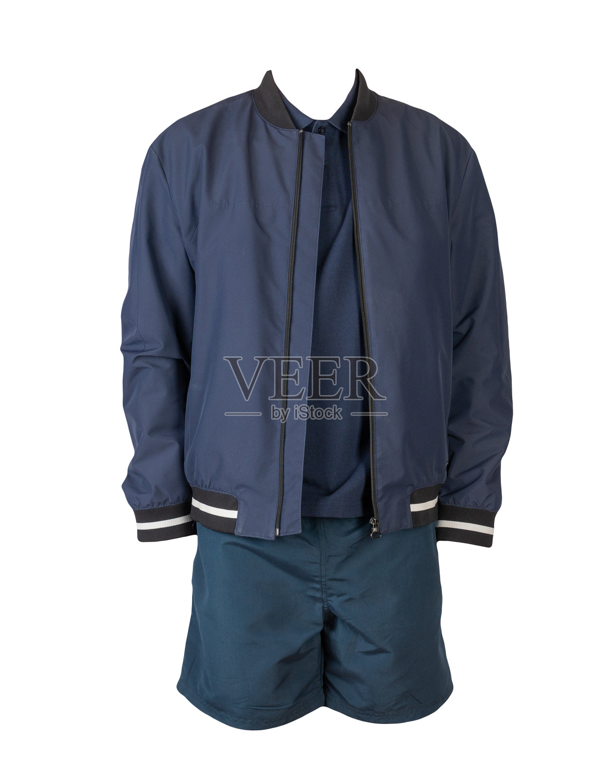 男士飞行员夹克，衬衫和运动短裤孤立在白色背景。照片摄影图片