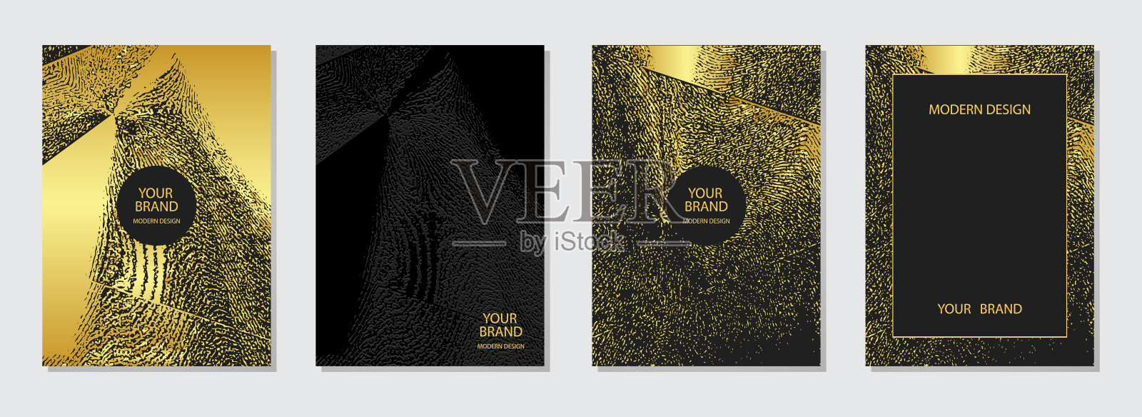 套业务封面设计。几何原始浮雕背景与3d图案，黄金垃圾纹理。垂直模板的集合。插画图片素材
