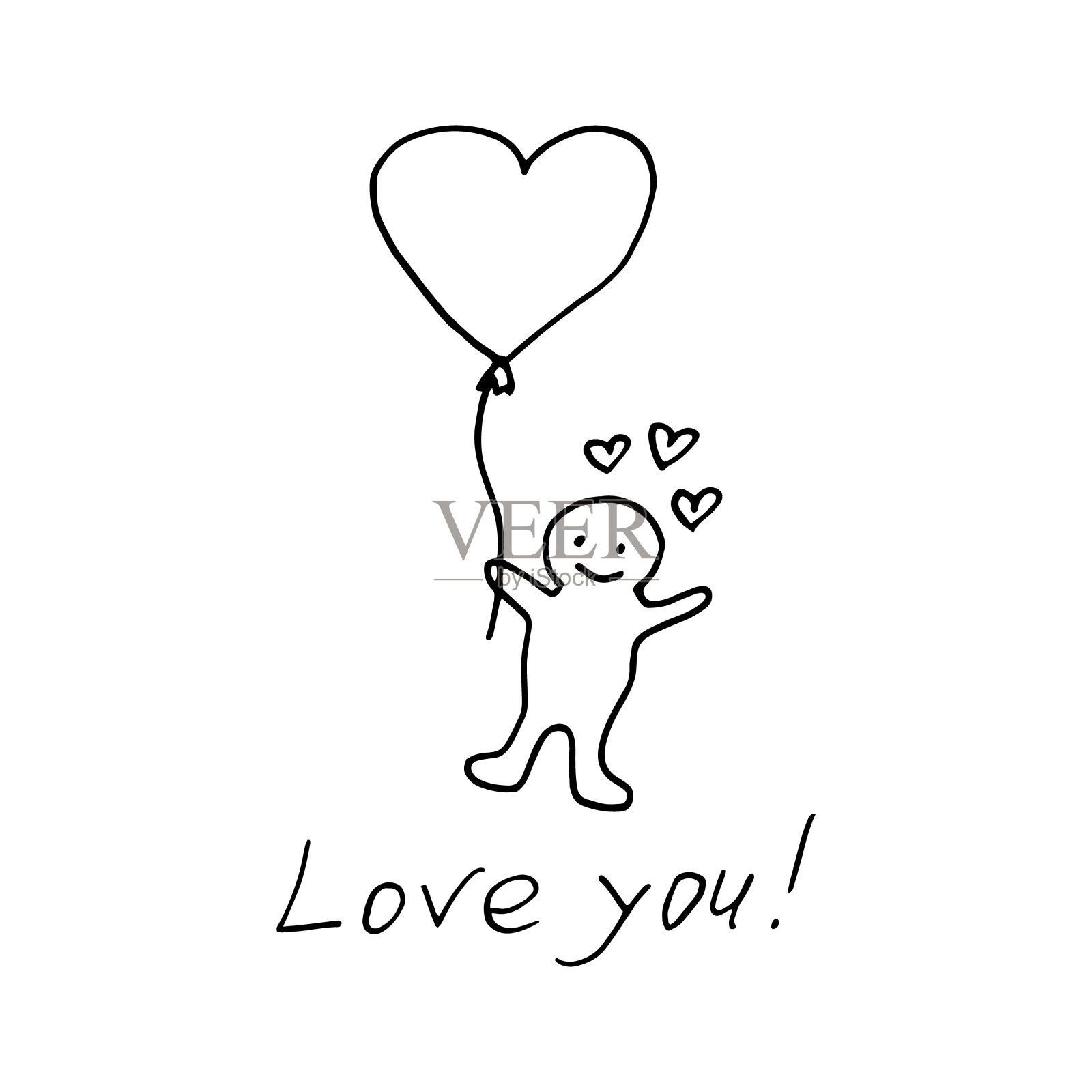 男人用心气球和文字爱你手绘涂鸦。向量,斯堪的纳维亚,极简主义。卡,海报。爱情，浪漫，情人节。插画图片素材