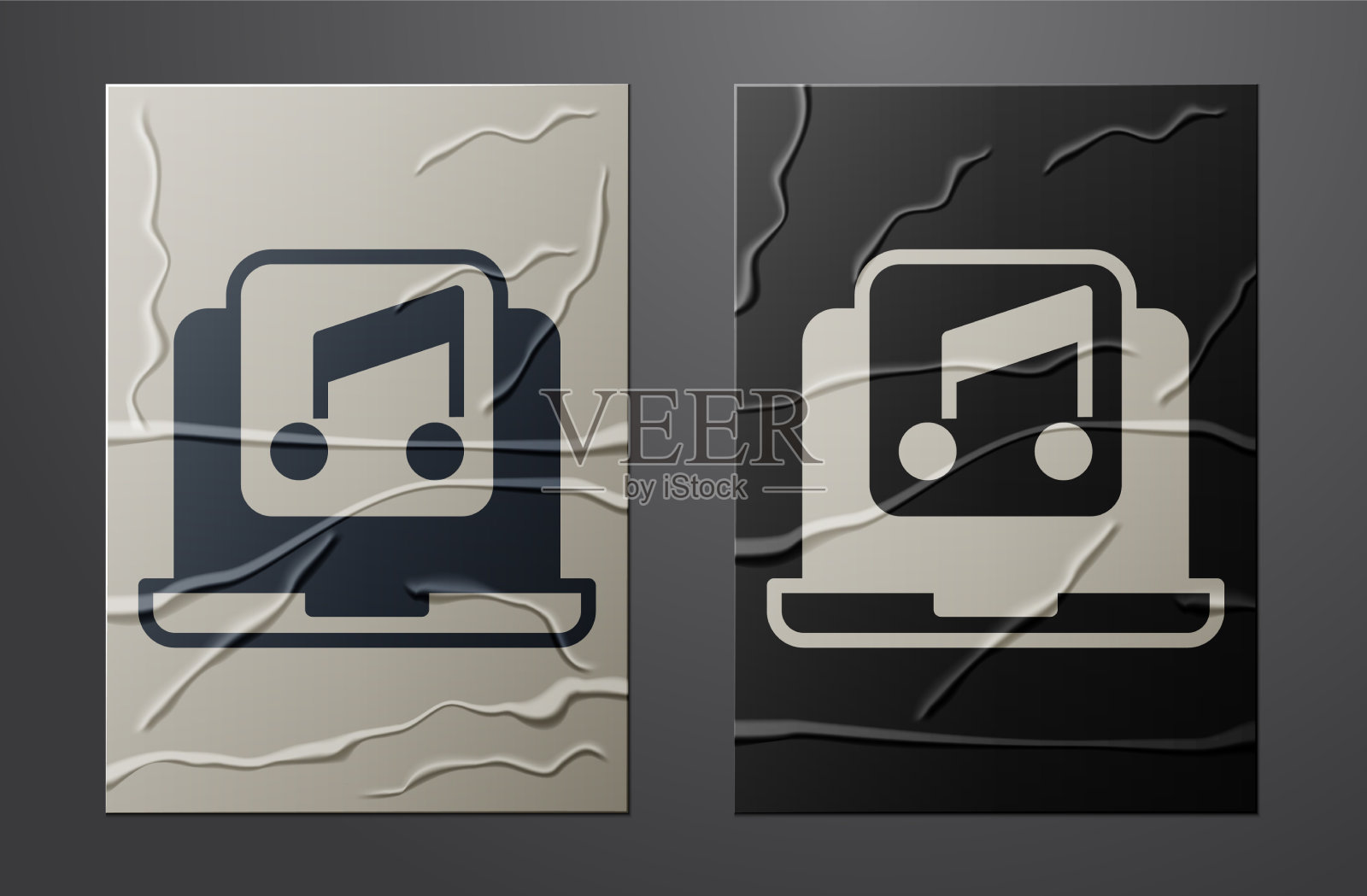 白色笔记本电脑与音乐音符符号的屏幕图标插画图片素材