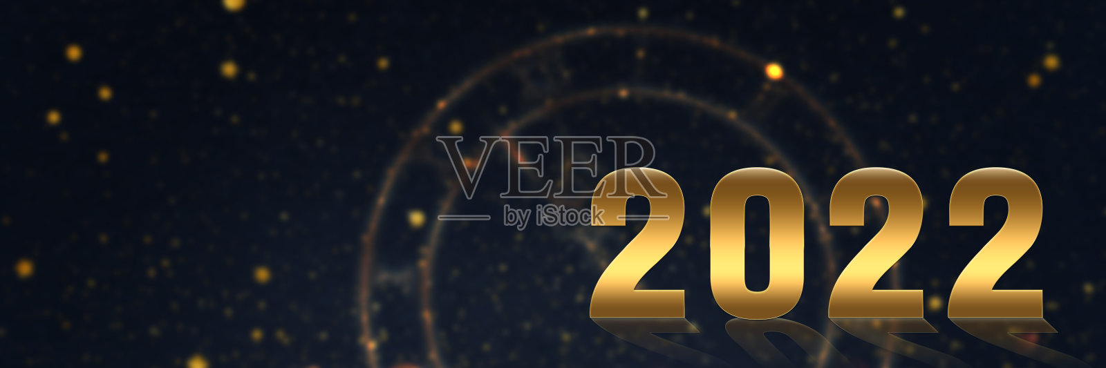 金色和深蓝色背景与散景和2022文本，复制空间。抽象背景假日照片摄影图片