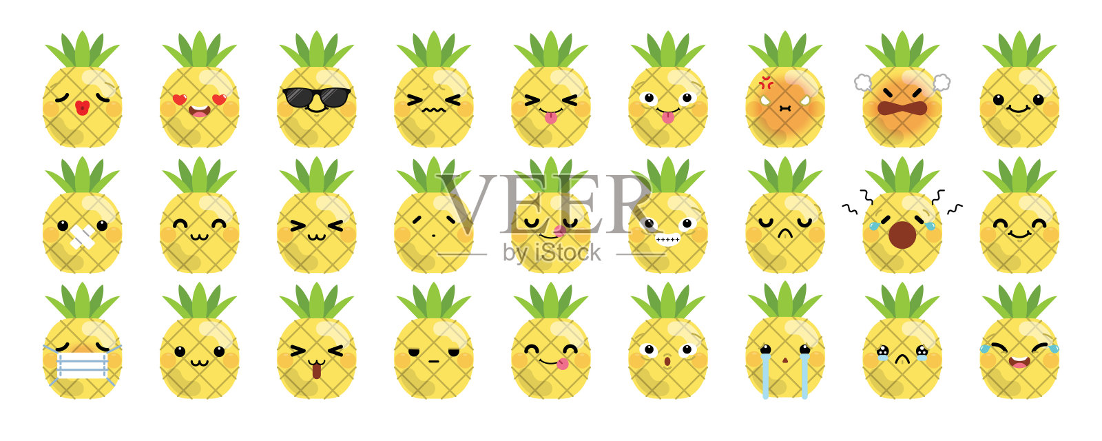 一组可爱的卡通菠萝表情符号孤立在白色背景插画图片素材