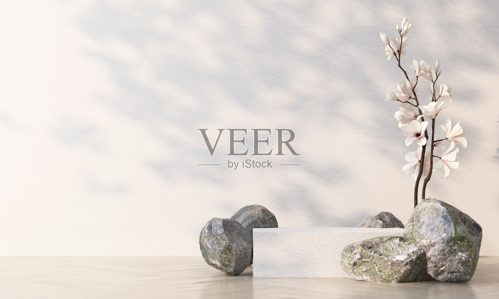 最小的化妆品背景为产品介绍。与石头岩石和化妆瓶裙在灰色混凝土墙背景。3 d渲染插图。照片摄影图片