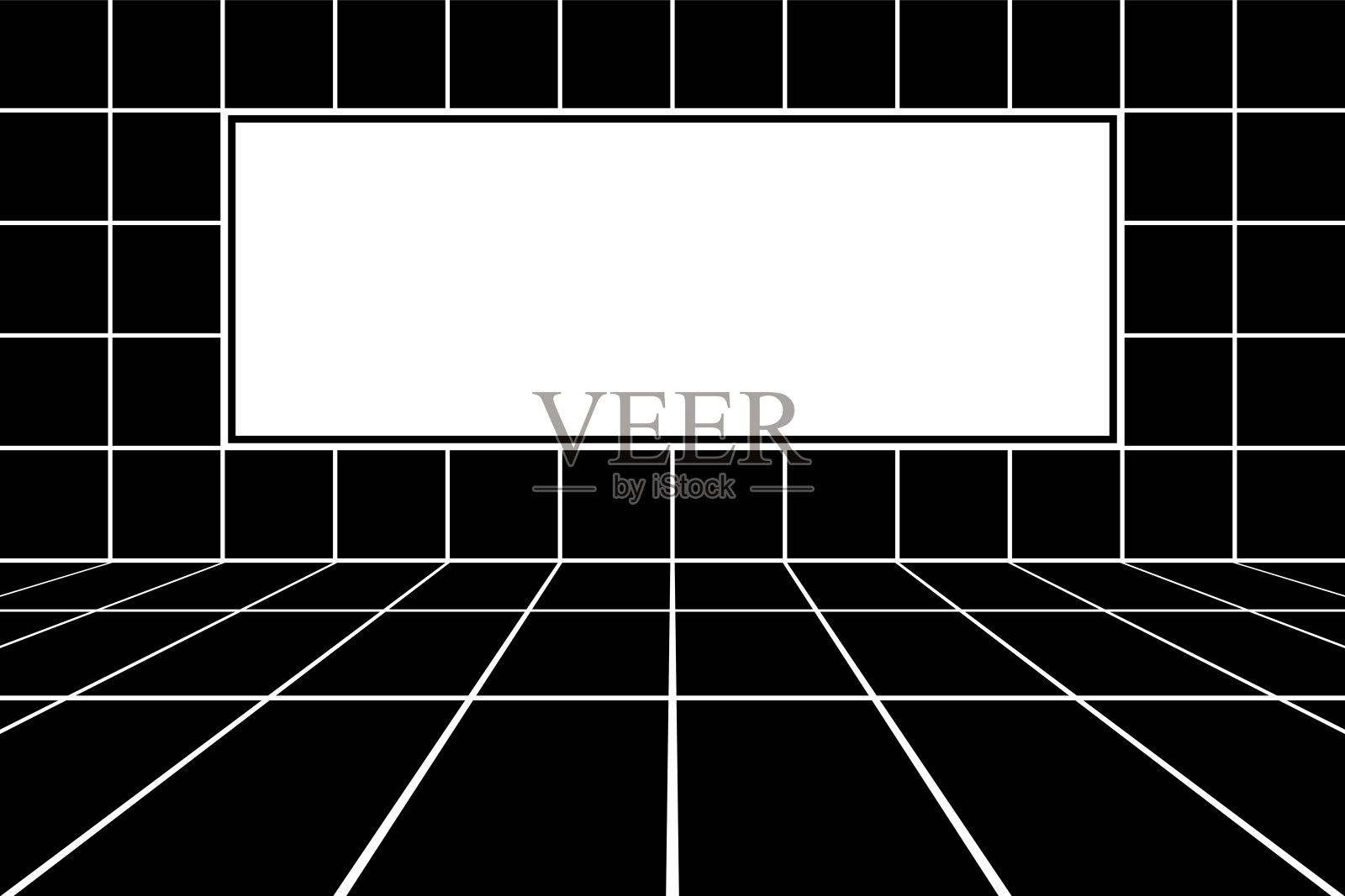 在透视视图中，黑色的室内背景与白色的空白屏幕。插画图片素材