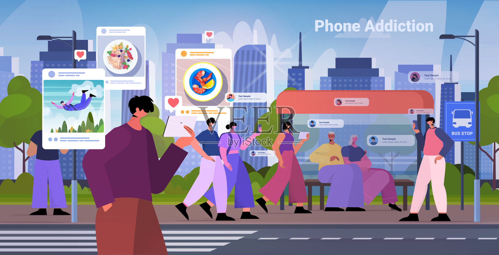 上瘾的人，在社交网络上分享照片的博主，男人，女人，为粉丝发帖子，社交媒体成瘾插画图片素材