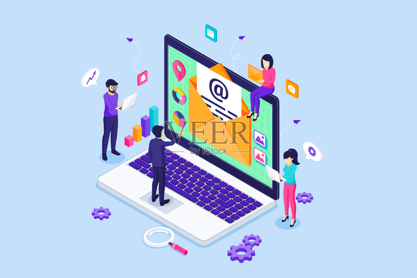 电子邮件营销，邮件服务与一个商人和人的团队正在一个巨大的笔记本电脑附近工作。等距矢量图插画图片素材
