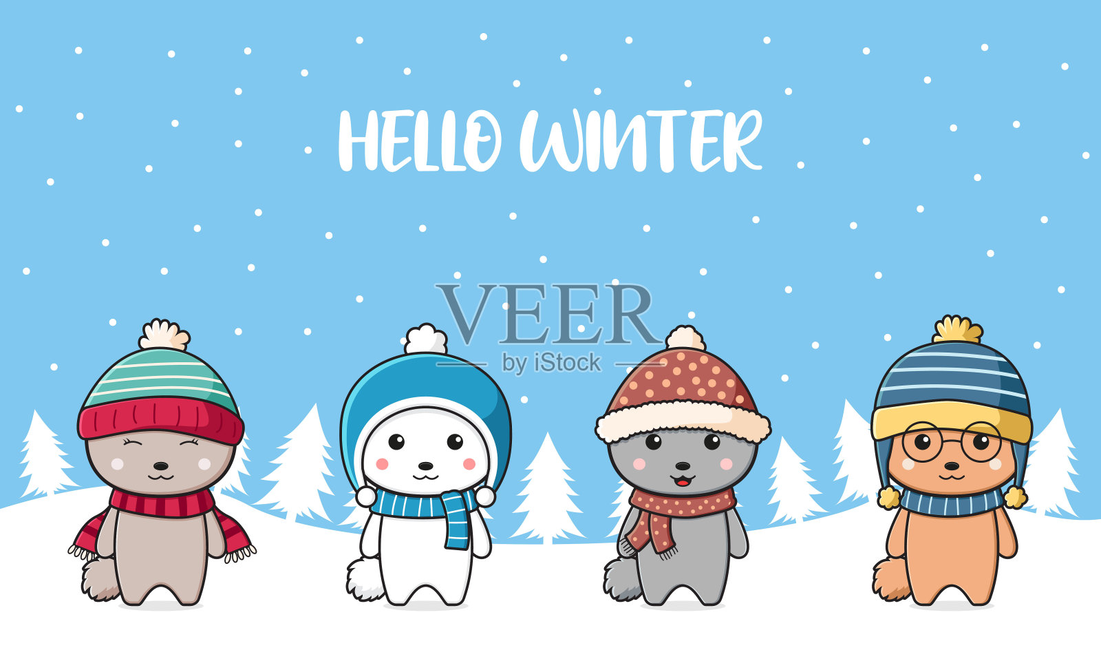 可爱的兔子家人问候你好冬季卡通涂鸦卡背景插图平卡通风格插画图片素材