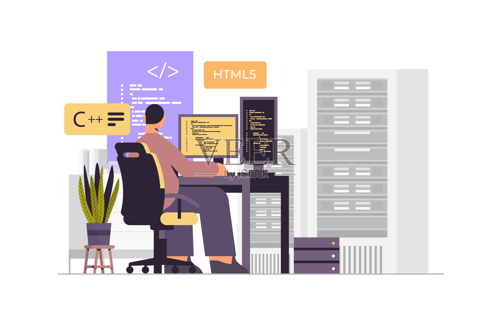 Web开发人员创建程序代码的计算机监控软件开发和编程的概念插画图片素材