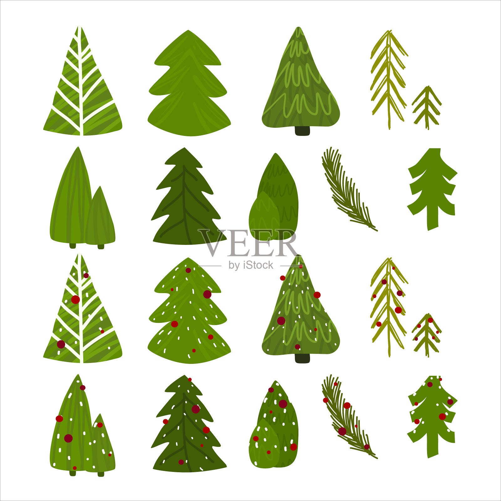 矢量集不同的圣诞节三与没有装饰在一个有趣的平卡通风格。插图与节日的冬季装饰，明信片，海报和横幅。插画图片素材