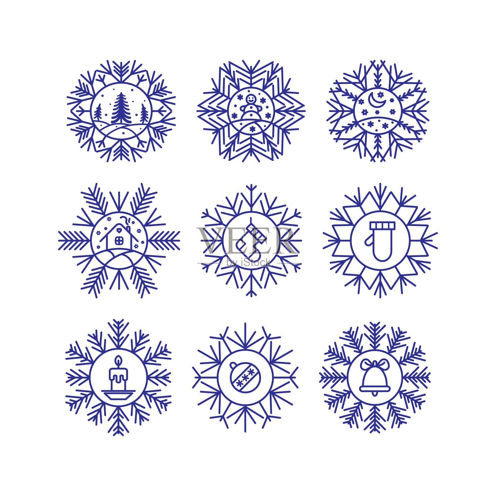 套新年圣诞装饰雪花。特写镜头。插画图片素材