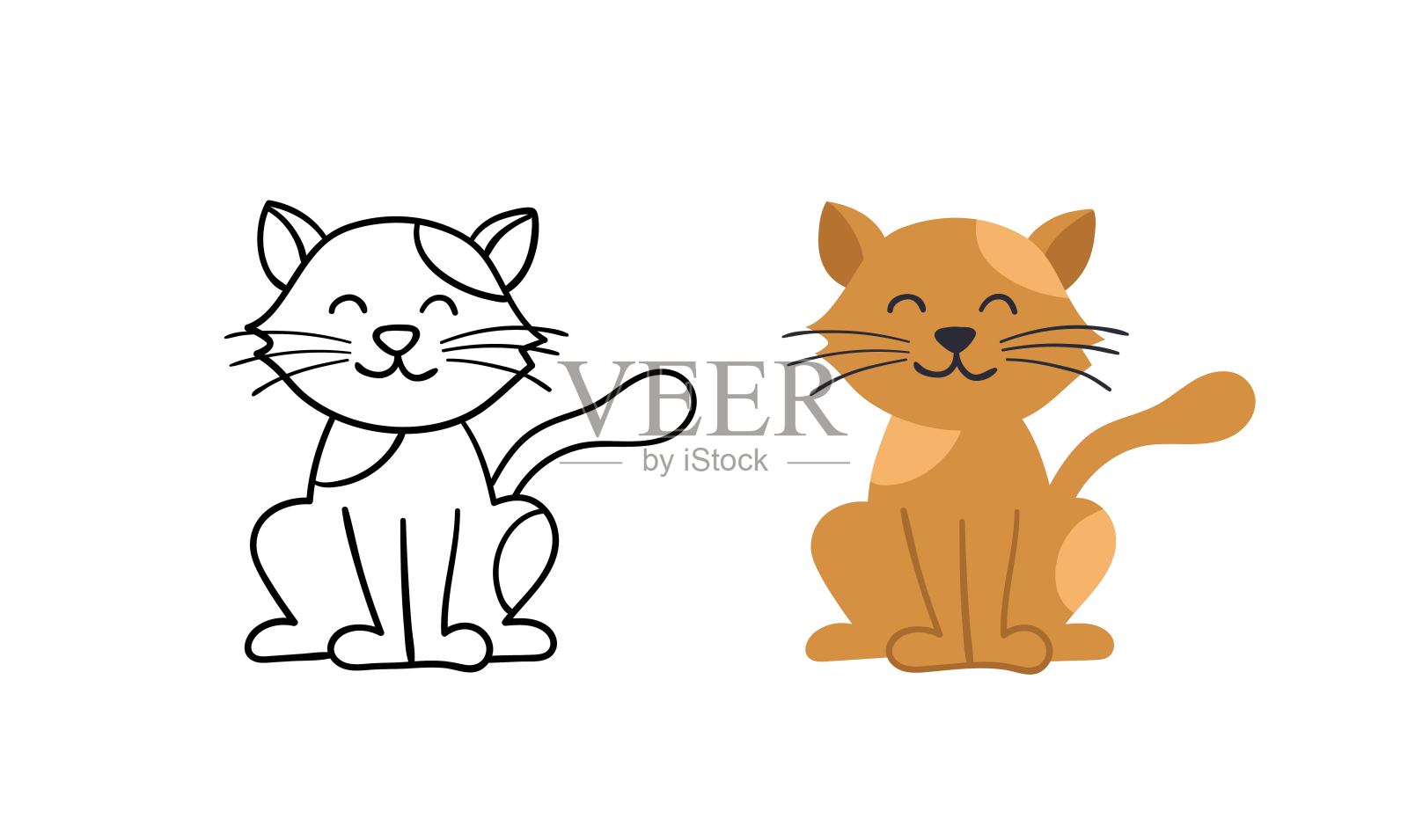 可爱的手绘猫字符。向量的宠物的动物。轮廓和彩色版。插画图片素材
